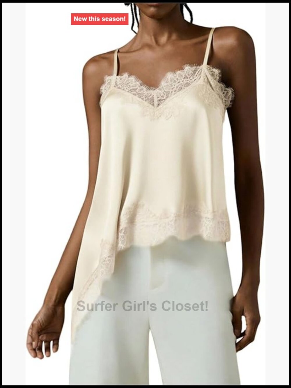 Lace Trim Satin Cami Top Asymmetrical Silk Western Camisole Sleeveless V-Neck